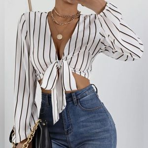 Lantern Sleeve Tie Front Stripped Crop Top